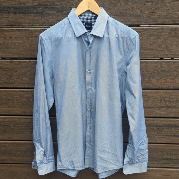 Hugo Boss Black & White Thin Stripe Men's Dress Shirt Regular Fit M Like New - Picture 1 of 9